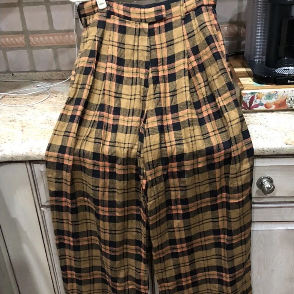 Free People Lyla Menswear Plaid Trouser Slouchy Wide Leg Olive Black Rose - Picture 2 of 5